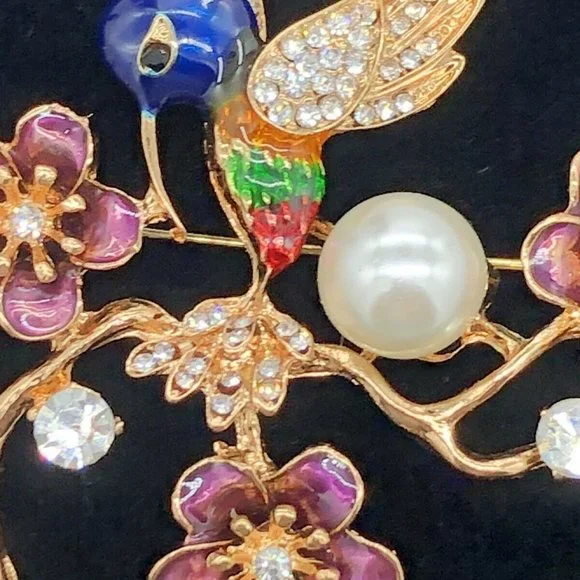 Hummingbird on Branch Pin Purple Enamel Flowers Crystal Pave Gold Plate NWT M393 - Picture 3 of 5